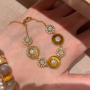 Bracelet Rétro Plaqué Or 18 Carats Pierre Œil De Tigre Zircon Motif Tournesol Rond Réglable Bijoux Pour Femmes