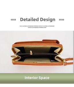 Internal view of brown PU leather phone wallet showing card slots and zipper compartments