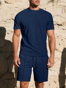 Detail of dark blue waffle textured men's summer short set with elastic drawstring waist
