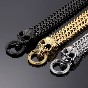 Gothic lion head and skull charm bracelets in black, gold, and silver stainless steel