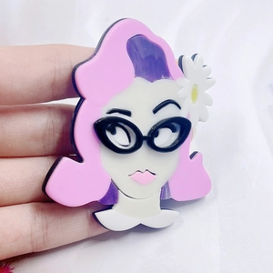 Acrylic cartoon daisy girl brooch with pink hair and black glasses for women accessories