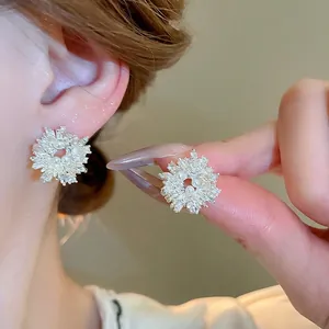 Elegant S925 silver flower stud earrings with white pearl and sparkling zircon crystals