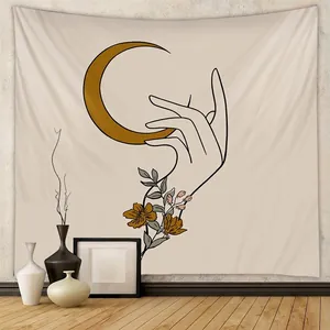 Arazzo Da Parete Bohemien Poliestere Decorazione Da Appendere Arte Lineare Minimalista Mano Luna Fiore Per Camera Da Letto Soggiorno