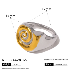 Detail view of two-tone spiral textured stainless steel ring with dimensions and specs