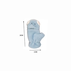 Detailed plush convertible mittens showing dimensions of 26cm height and 12cm width