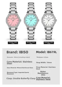 Details van roestvrijstalen dameshorloge met 30mm strass-bezel en diverse wijzerplaatkleuren