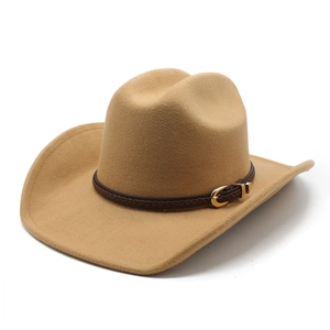 Detail of camel felt cowboy hat featuring brown braided leather band and gold buckle