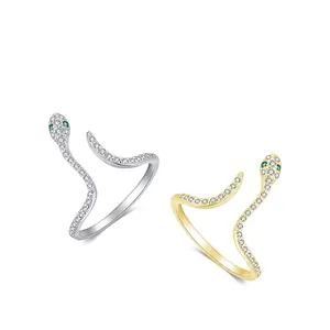 S925 sterling silver snake open ring with sparkling pavé crystals and green gemstone eyes