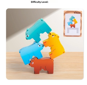 Detail of colorful wooden bear stacking blocks with a challenge card for kids' balance training