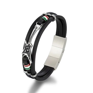 Men's multilayer black leather anchor bracelet with guitar and musical notes design