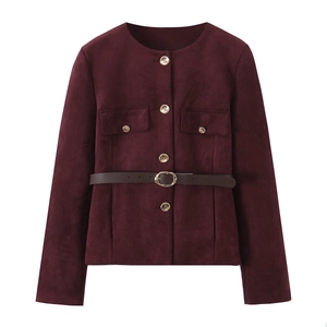 Women's burgundy faux suede jacket with slim belt and gold buttons on white background