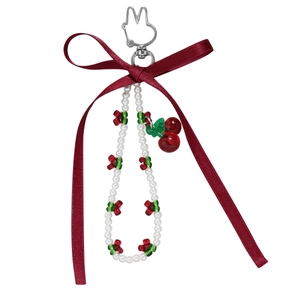 Fashionable rabbit keychain with red ribbon bow and cherry pearl beaded bag accessory