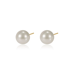 Elegant 925 sterling silver round pearl earrings with golden pins on white background