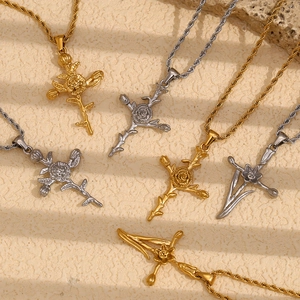 French vintage 18K gold plated stainless steel necklaces with floral cross pendants