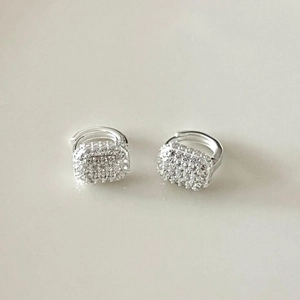 Minimalist square silver earrings with cubic zirconia pave setting and snap closure
