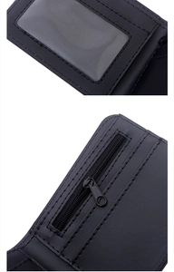 Detail view of the black bifold wallet showing the transparent ID window and zipper coin pocket