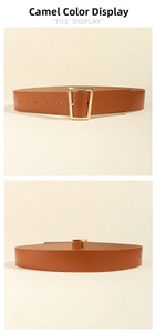 Macro detail of the golden geometric buckle and camel brown leather texture on this stylish belt