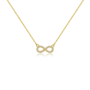 Elegant gold infinity symbol necklace featuring sparkly micro-paved zircons on a white background