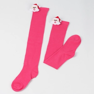 Detail of rose pink over-knee Christmas socks with a 3D plush Santa Claus decoration