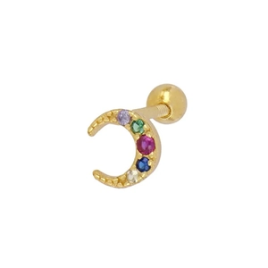 Macro detail of gold moon stud earring featuring five colorful gems and screw back closure