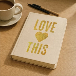 Close-up of beige fabric notebook with gold glitter 'LOVE THIS' text on a wooden desk