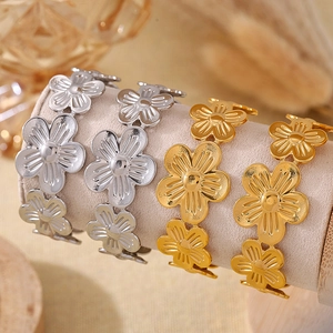 Elegant gold and silver stainless steel open bangle with 3D five-petal flower design