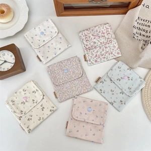 Floral Cotton Storage Bag Sanitary Napkin Organizer Mini Coin Purse Portable Cosmetic Pouch Japanese Zakka Style Button