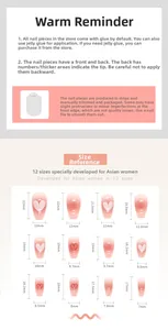 Detailed size chart for press-on nails with 12 various dimensions and width measurements
