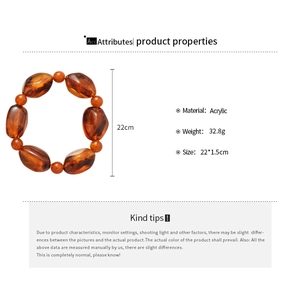 Detailed specs of amber acrylic beaded bracelet showing weight 32.8g and length 22cm