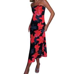 Sultry floral tube top maxi dress with red flowers on black background for summer