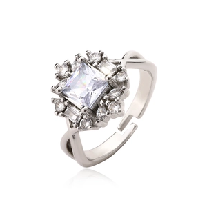 Luxury geometric square zircon ring with cluster floral setting and adjustable silver band