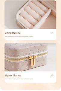 Detail of pink PU leather jewelry box with bead velvet lining and golden zipper closure