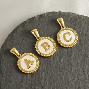 Round Initial Pendant Necklace 18K Gold Plated Stainless Steel Shell Inlay Beaded Edge Letter A-Z Jewelry