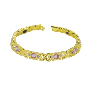 Hip Hop Alloy Bracelet With Pink Gemstones And Clear Rhinestones Fashion X-Link Chain Magnetic Clasp Jewelry Unisex