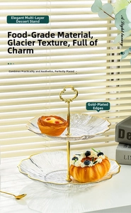 Detail of two-tier glacier texture glass dessert stand with golden edges and metal handle