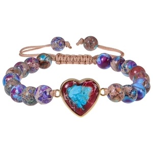 Natural Emperor Stone Beaded Bracelet With Heart Pendant Adjustable Braided Rope Bohemian Jewelry For Women