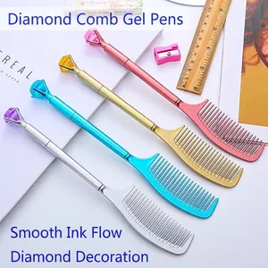 Creative Gel Pen With Large Diamond Decoration Comb Shaped Handle Electroplated Plastic Body Stationery Novelty Writing Tool