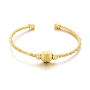 Minimalist golden twisted wire cable open cuff bracelet in durable stainless steel finish