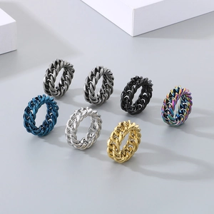 Collection of stainless steel Cuban link rings in gold silver and black finishes