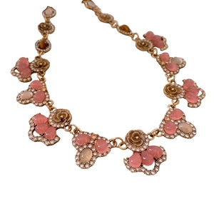 Vintage gold necklace with pink tiger eye floral pendants and sparkling crystals