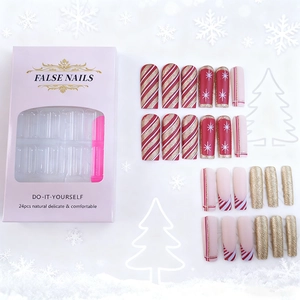 Christmas press-on nails set with red glitter snowflakes and gold stripes 24pcs kit