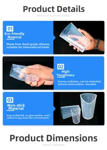 Detail of high transparency silicone measuring cups showing scales and flexible material
