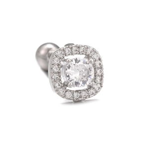 Detailed view of silver square earring with central round crystal and screw back