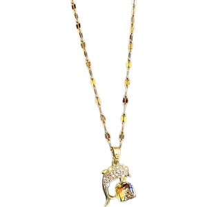 Titanium steel dolphin necklace with yellow crystal and sparkling rhinestones