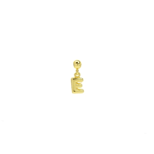 Detailed view of bubble initial E pendant in 18k gold plated copper with top bail