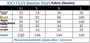 Tableau des tailles détaillé pour ensemble chemise polo denim et pantalon en cm