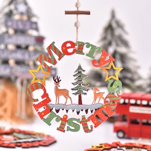 Wooden Merry Christmas hollow ring pendant featuring deer and snowy pine tree