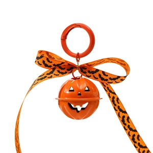 Cute Halloween pumpkin bell keychain with orange bat ribbon bow and metal spring ring