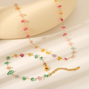 French style gold beaded necklace with colorful natural stones and stainless steel chain