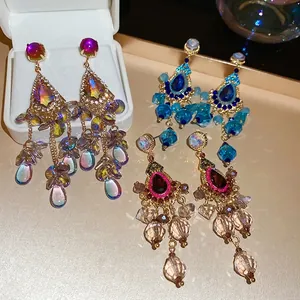 Bohemian crystal tassel drop earrings in aurora blue and champagne on gold plated base